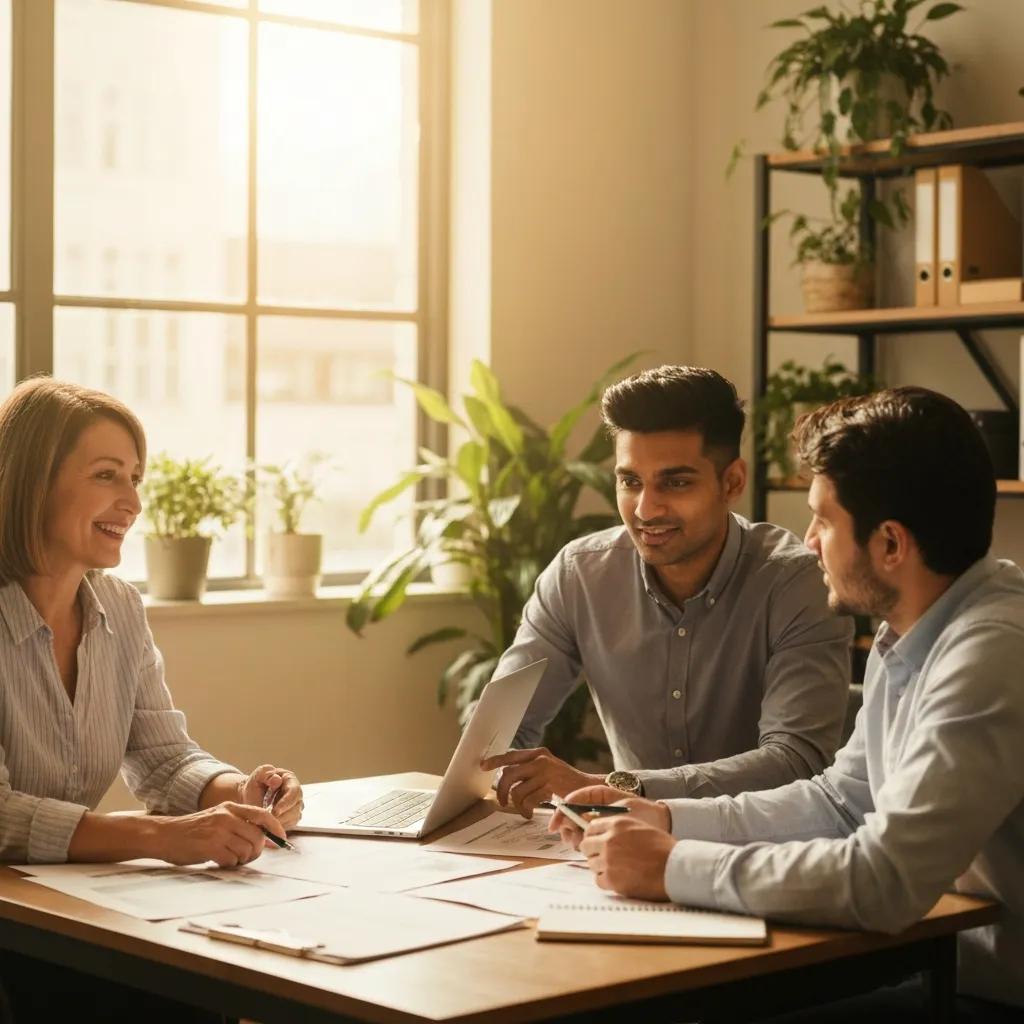 Group of diverse real estate investors collaborating on interest-only mortgage strategies in a cozy office setting