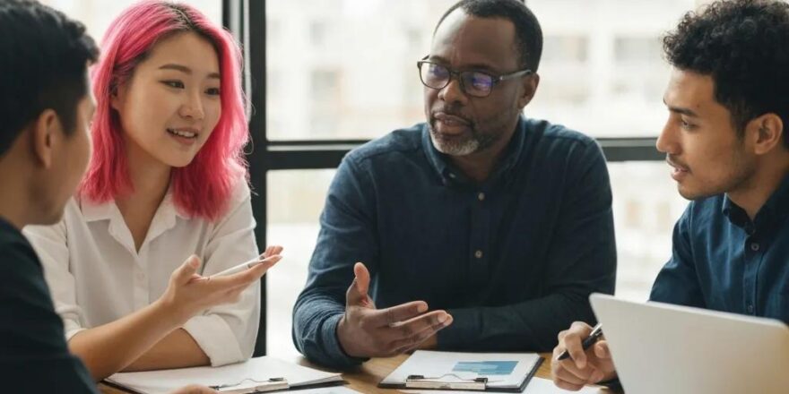 Group of diverse real estate investors collaborating on investment plans in a modern office setting
