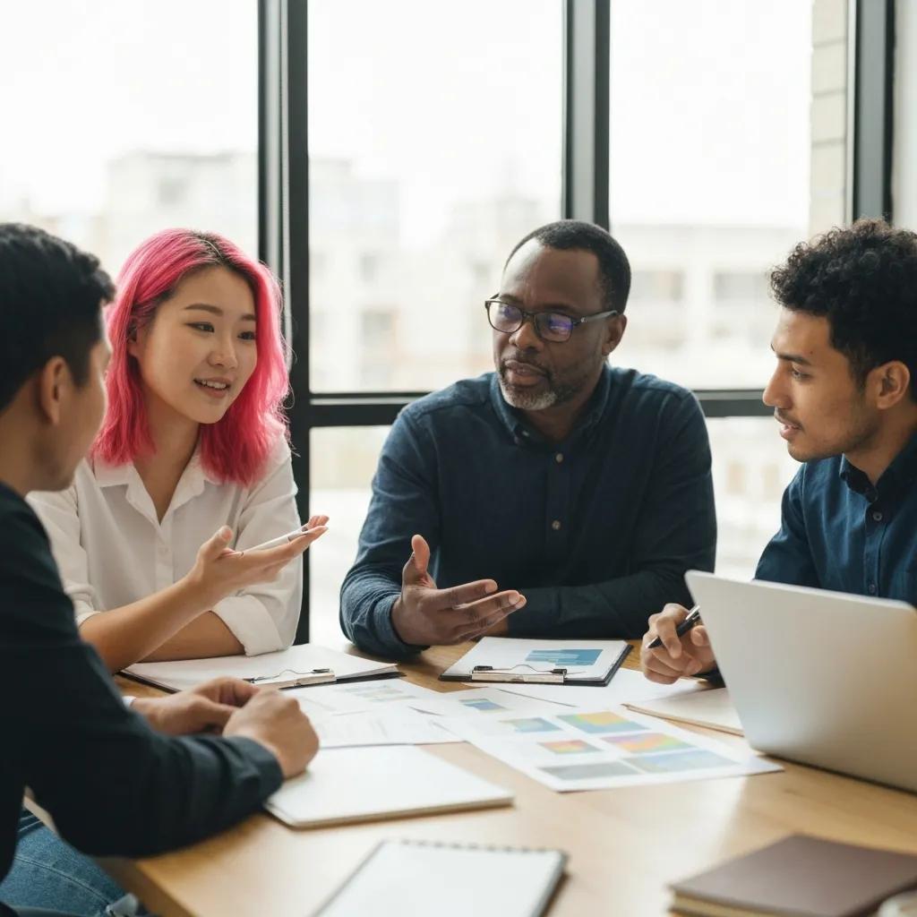 Group of diverse real estate investors collaborating on investment plans in a modern office setting