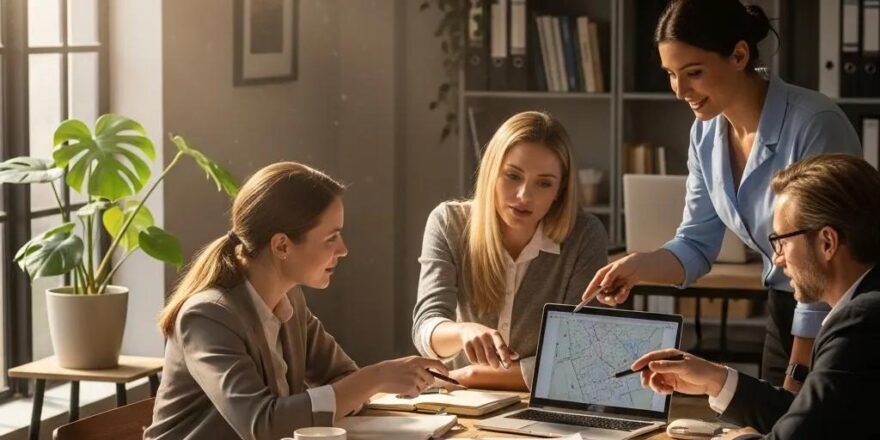 Group of diverse real estate investors collaborating on private money loan strategies in a cozy office setting