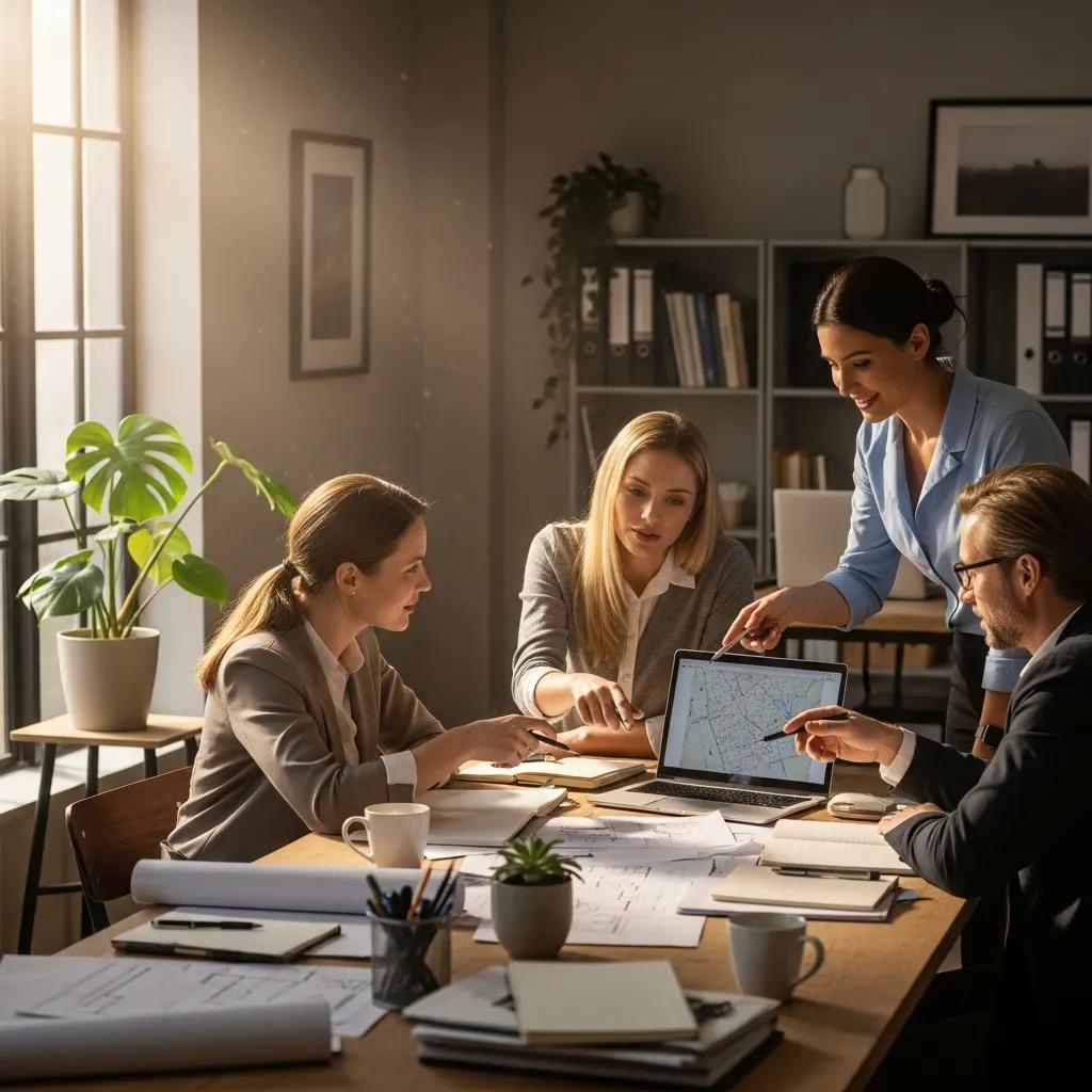 Group of diverse real estate investors collaborating on private money loan strategies in a cozy office setting