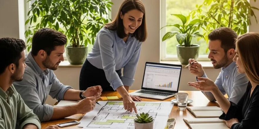 Group of diverse real estate investors collaborating on private money loans in a cozy office setting