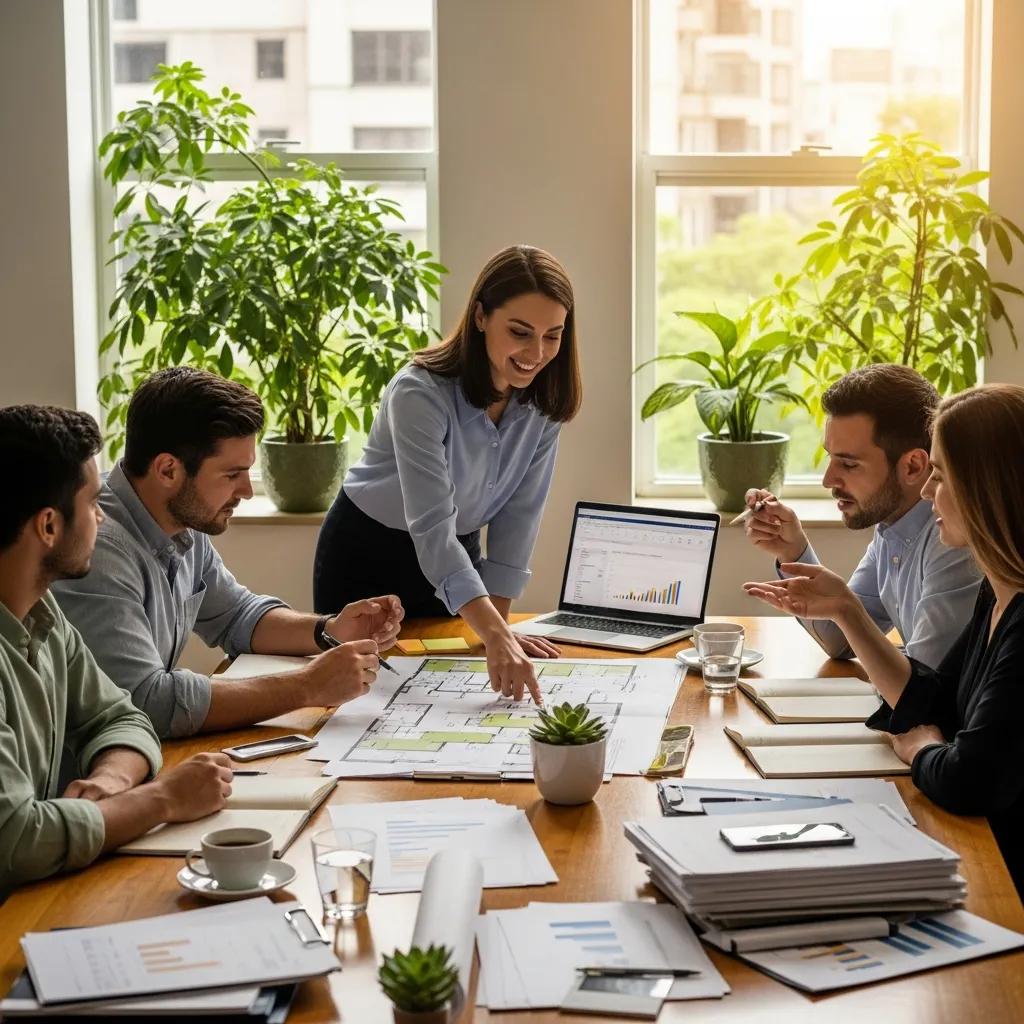 Group of diverse real estate investors collaborating on private money loans in a cozy office setting