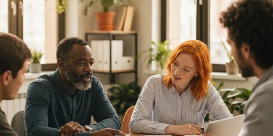 Group of diverse real estate investors collaborating over property documents in a cozy office setting