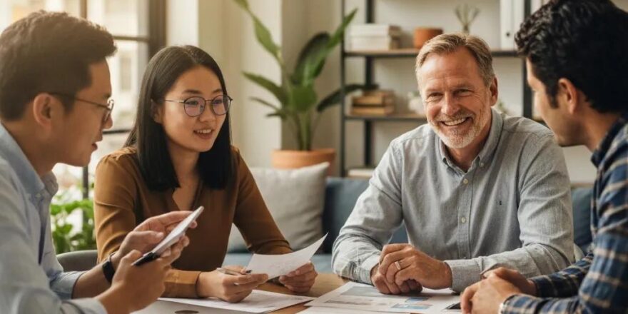 Group of diverse real estate investors collaborating over property documents in a cozy office setting
