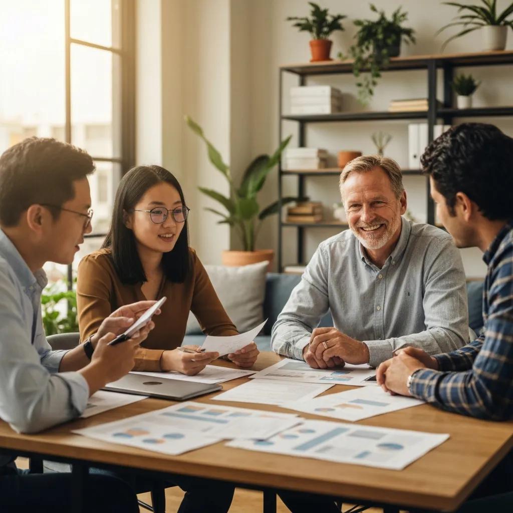 Group of diverse real estate investors collaborating over property documents in a cozy office setting