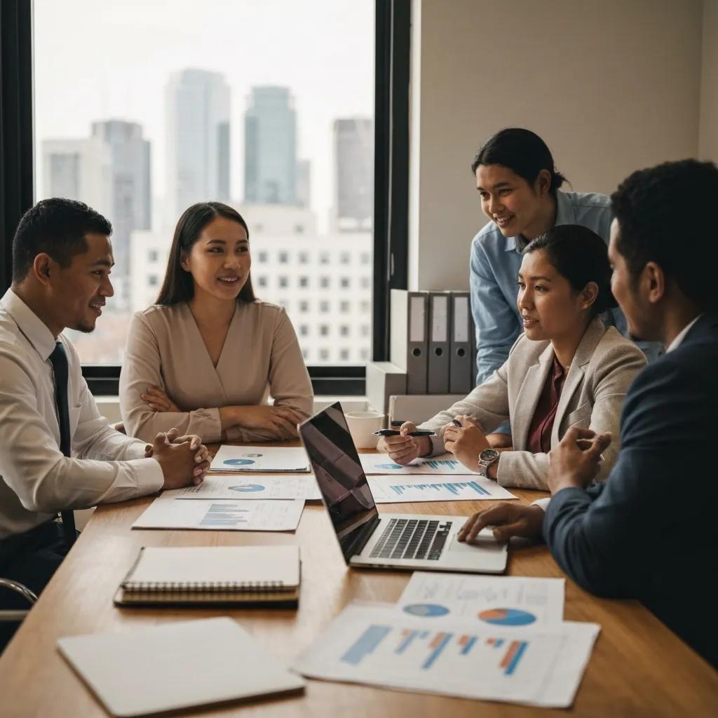 Group of diverse real estate investors discussing financing options in a modern office