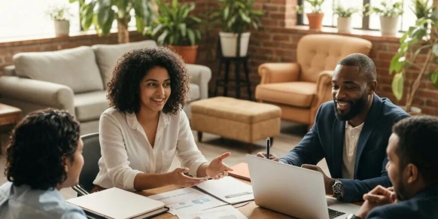 Group of real estate investors collaborating in a cozy workspace, highlighting the importance of hard money loans