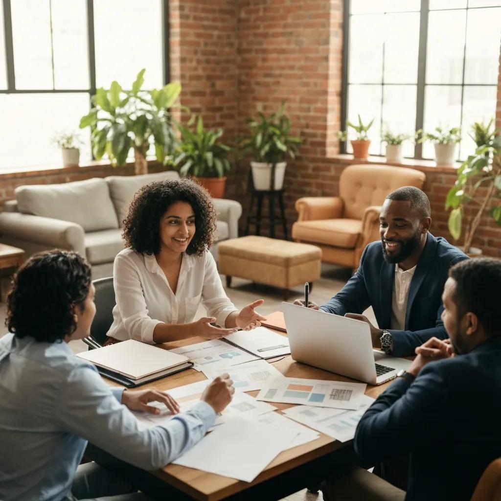 Group of real estate investors collaborating in a cozy workspace, highlighting the importance of hard money loans