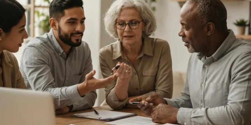 Group of real estate investors collaborating on 1031 exchange strategies in a cozy office setting