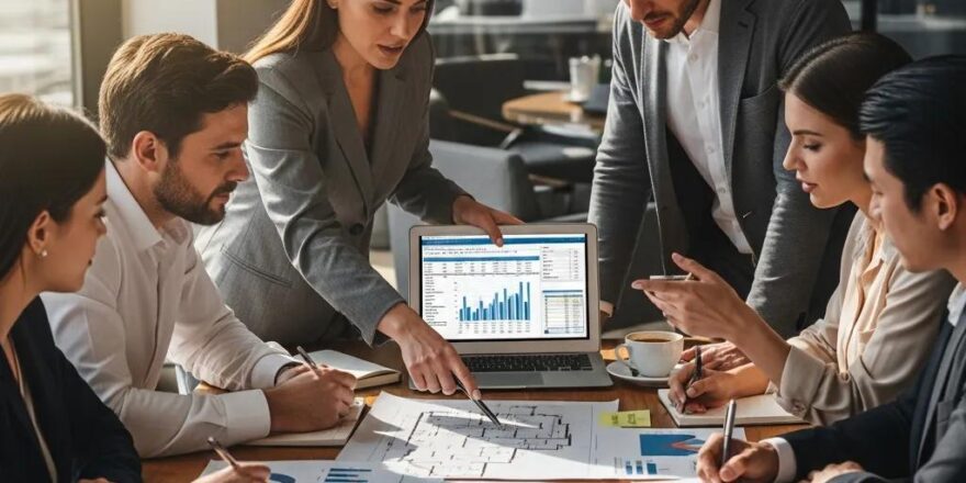 Group of real estate investors collaborating on financing plans in a bright office