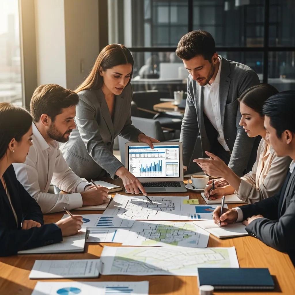Group of real estate investors collaborating on financing plans in a bright office