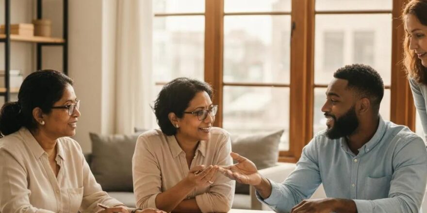 Group of real estate investors collaborating on fix and flip project plans in a cozy workspace