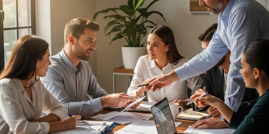 Group of real estate investors collaborating on hard money loan plans in a bright office