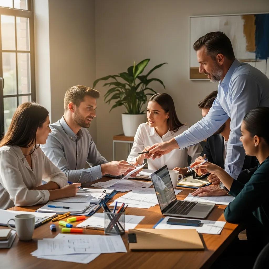 Group of real estate investors collaborating on hard money loan plans in a bright office