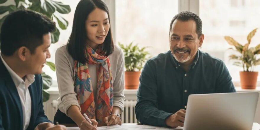 Group of real estate investors collaborating on hard money loan strategies in a cozy office setting
