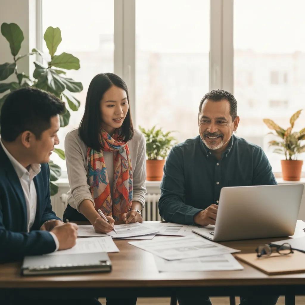 Group of real estate investors collaborating on hard money loan strategies in a cozy office setting