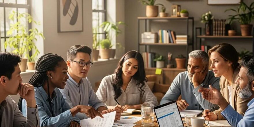 Group of real estate investors collaborating on hard money loan strategies in a cozy office setting