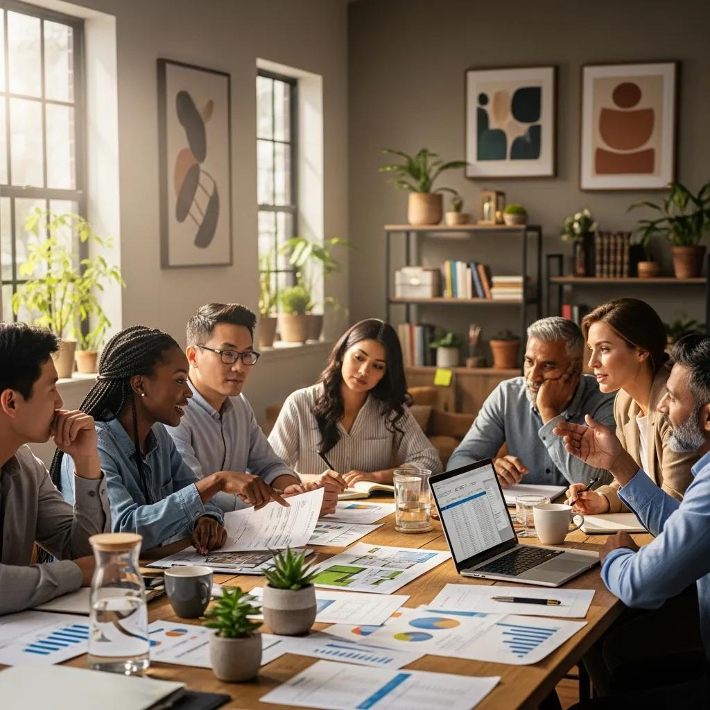 Group of real estate investors collaborating on hard money loan strategies in a cozy office setting