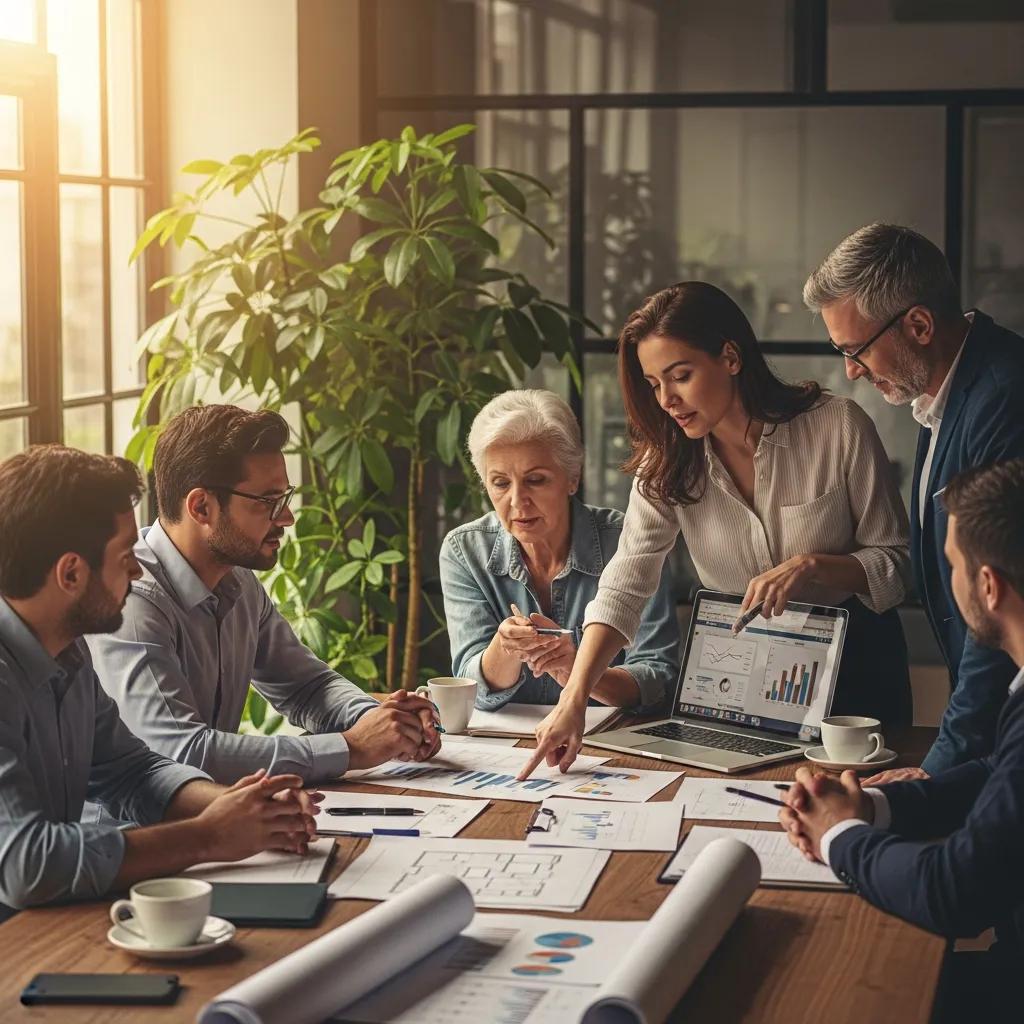 Group of real estate investors collaborating on hard money loan strategies in a cozy office setting