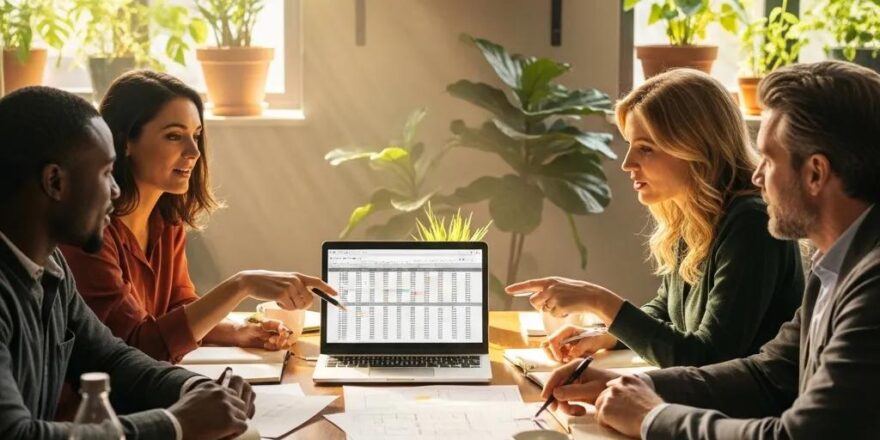 Group of real estate investors collaborating on hard money loan strategies in a cozy office setting