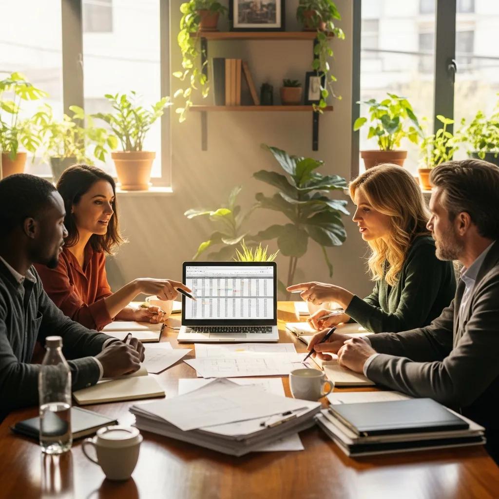 Group of real estate investors collaborating on hard money loan strategies in a cozy office setting