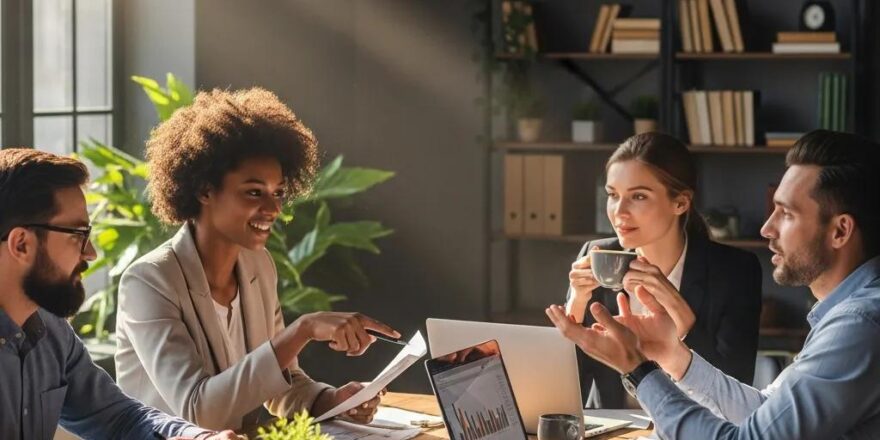 Group of real estate investors collaborating on hard money loan strategies in a cozy office setting