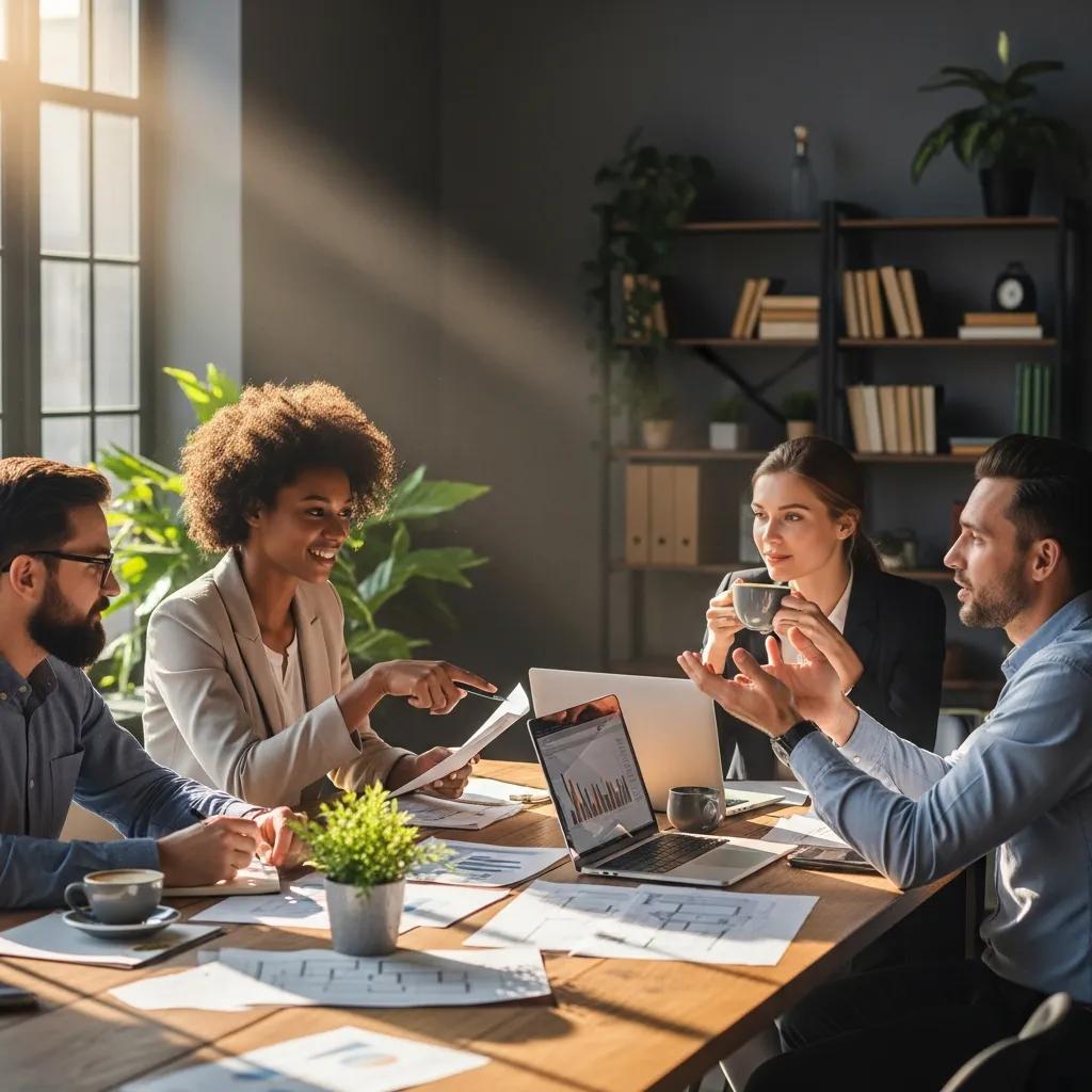 Group of real estate investors collaborating on hard money loan strategies in a cozy office setting