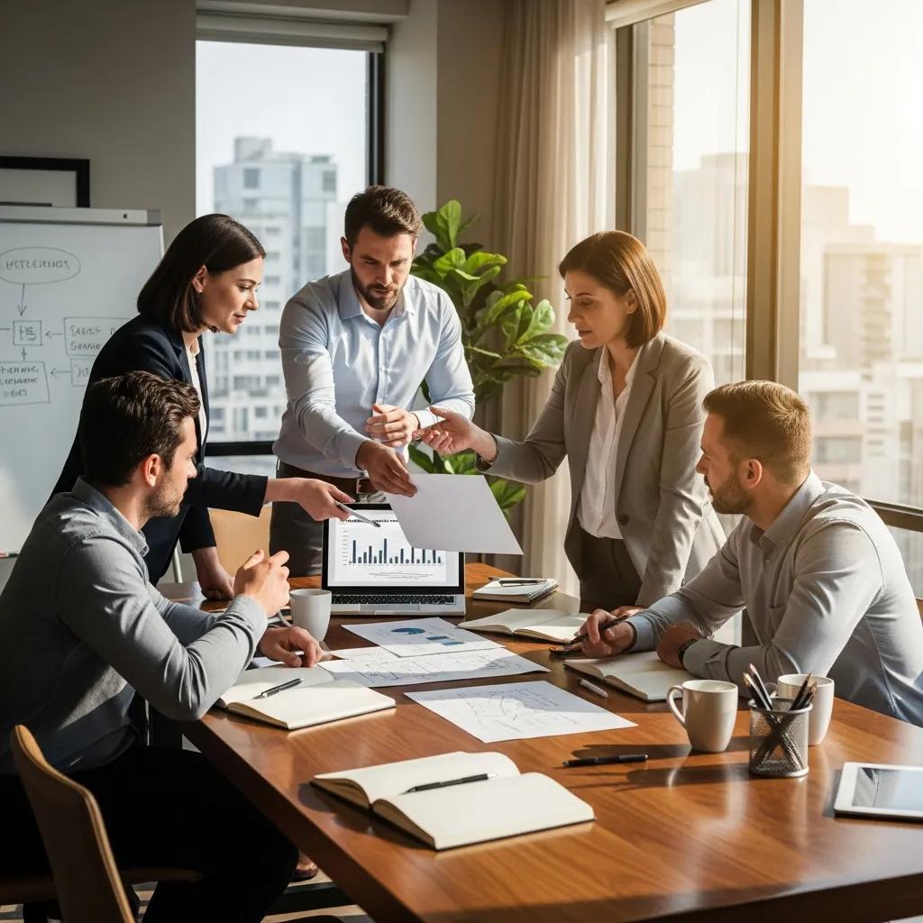 Group of real estate investors collaborating on hard money loans in a bright office