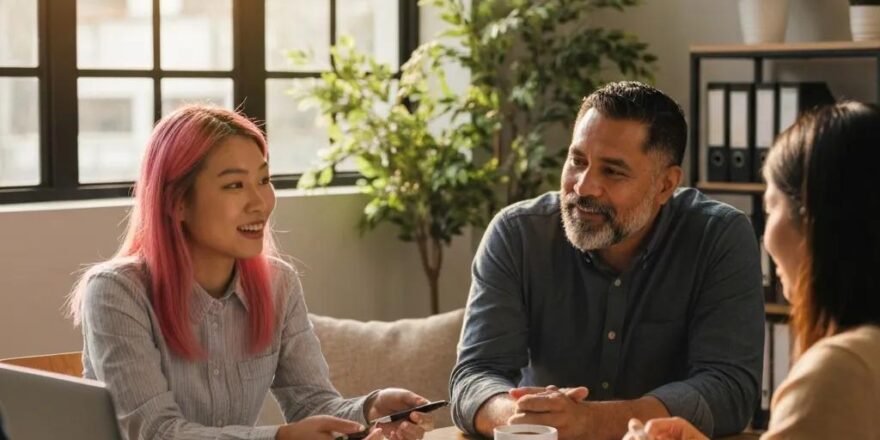 Group of real estate investors collaborating over property documents in a cozy office setting