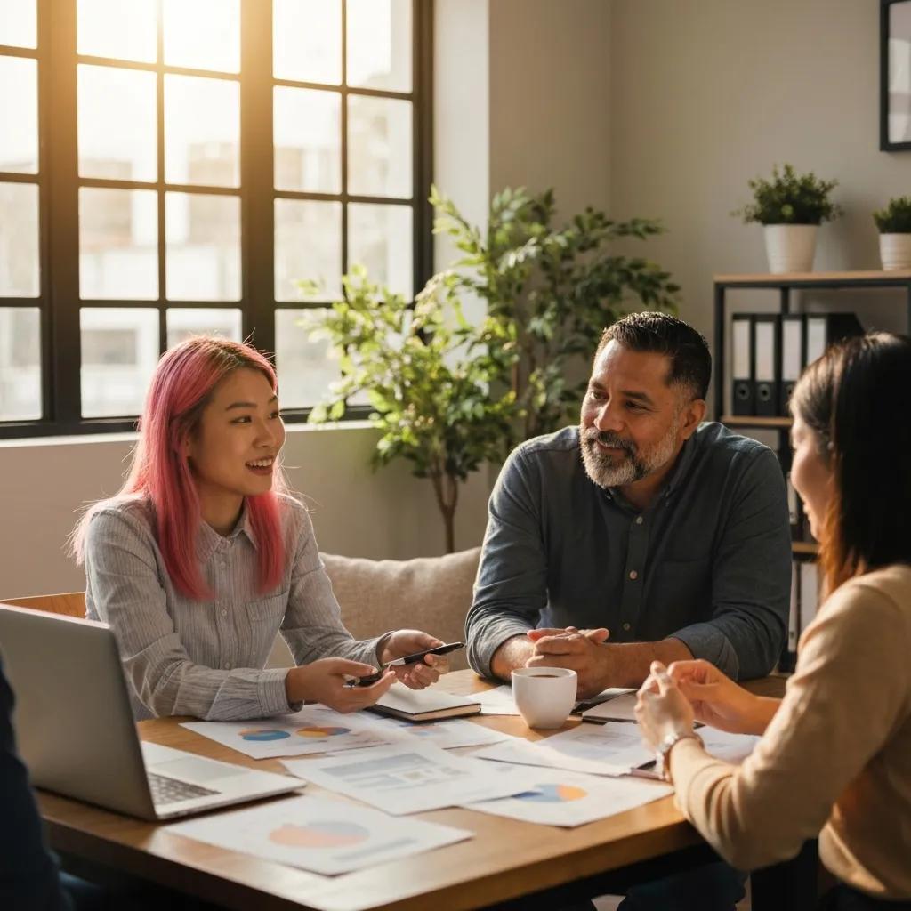 Group of real estate investors collaborating over property documents in a cozy office setting