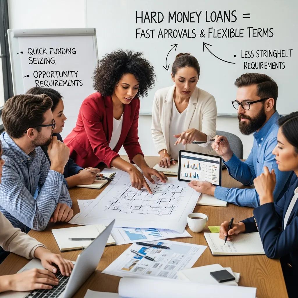 Group of investors discussing hard money loan benefits