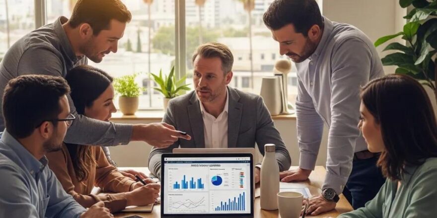 Group of real estate investors discussing hard money lending in a modern California office