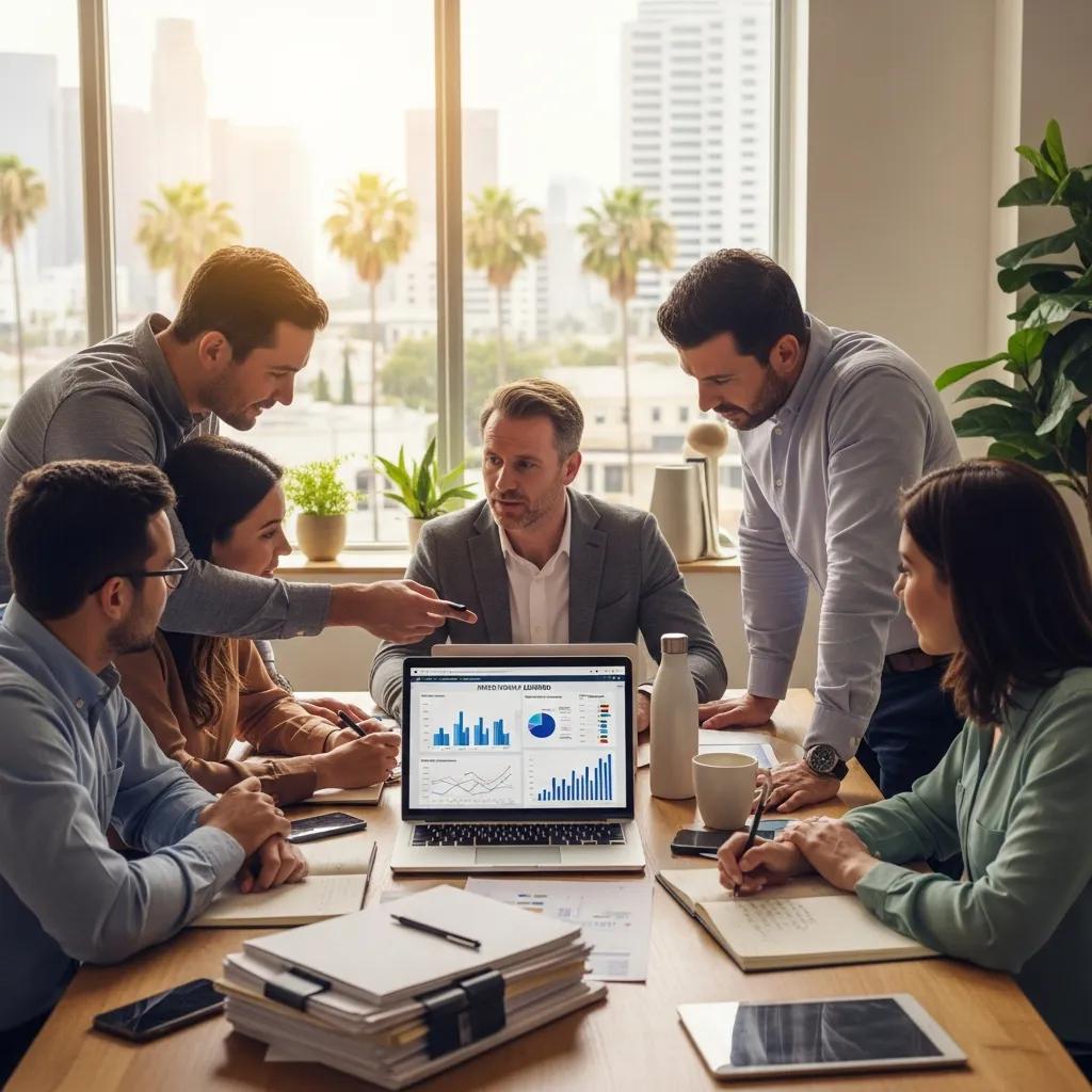 Group of real estate investors discussing hard money lending in a modern California office