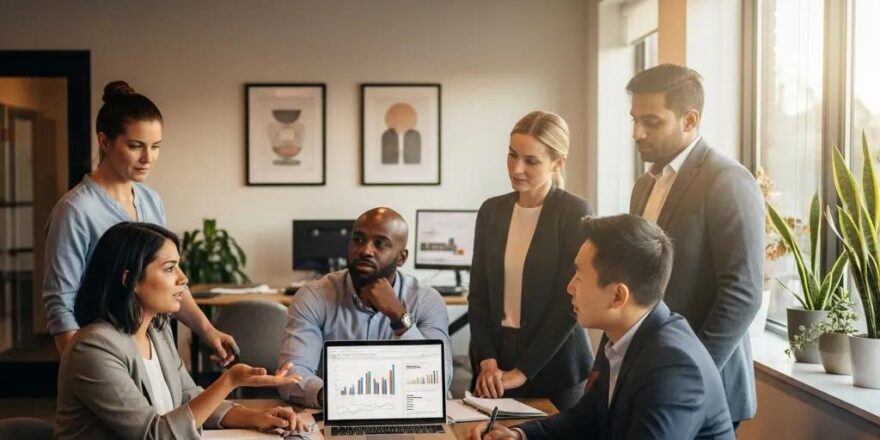 Group of real estate investors discussing hard money lending in a modern office
