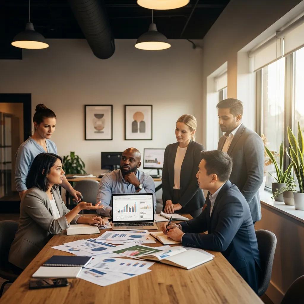 Group of real estate investors discussing hard money lending in a modern office