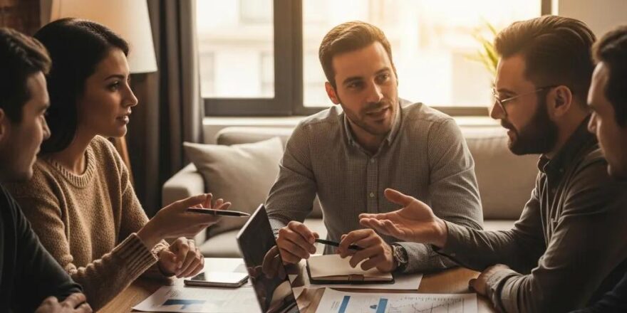 Group of real estate investors discussing hard money lending options in a modern office