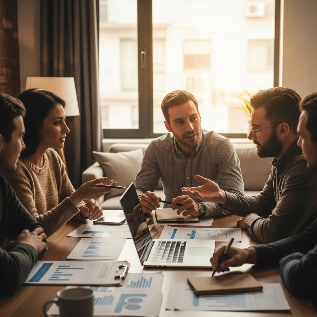 Group of real estate investors discussing hard money lending options in a modern office