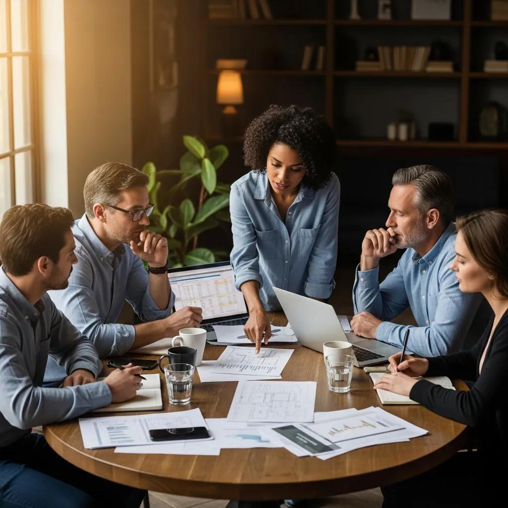Group of real estate investors discussing hard money lending strategies in a cozy workspace