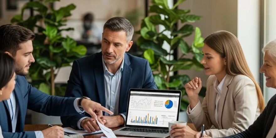 Group of real estate investors discussing hard money loan options in a modern office