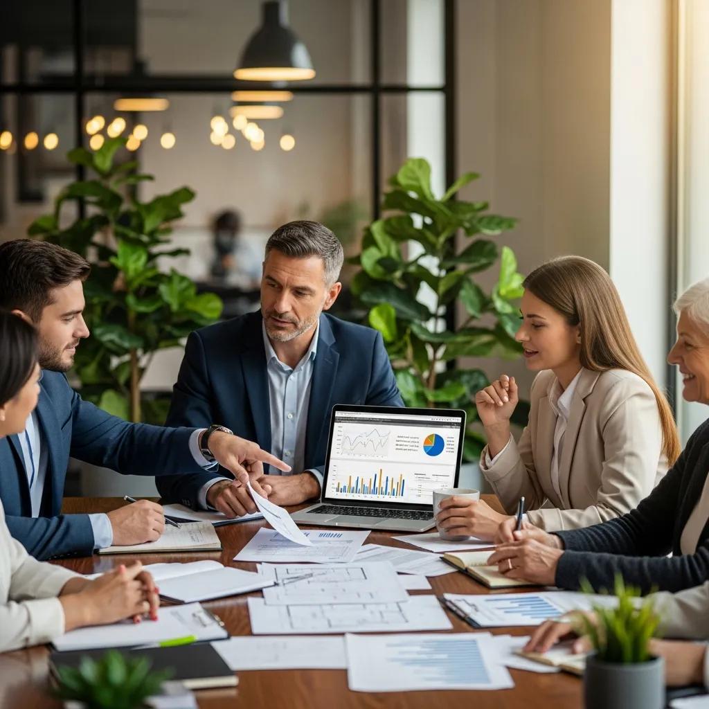 Group of real estate investors discussing hard money loan options in a modern office