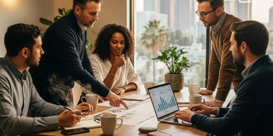 Group of real estate investors discussing hard money loans in a modern California office