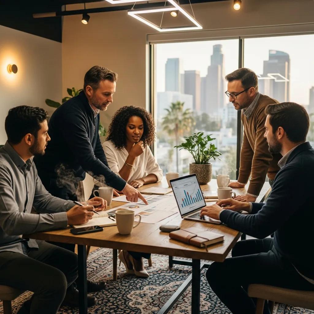 Group of real estate investors discussing hard money loans in a modern California office