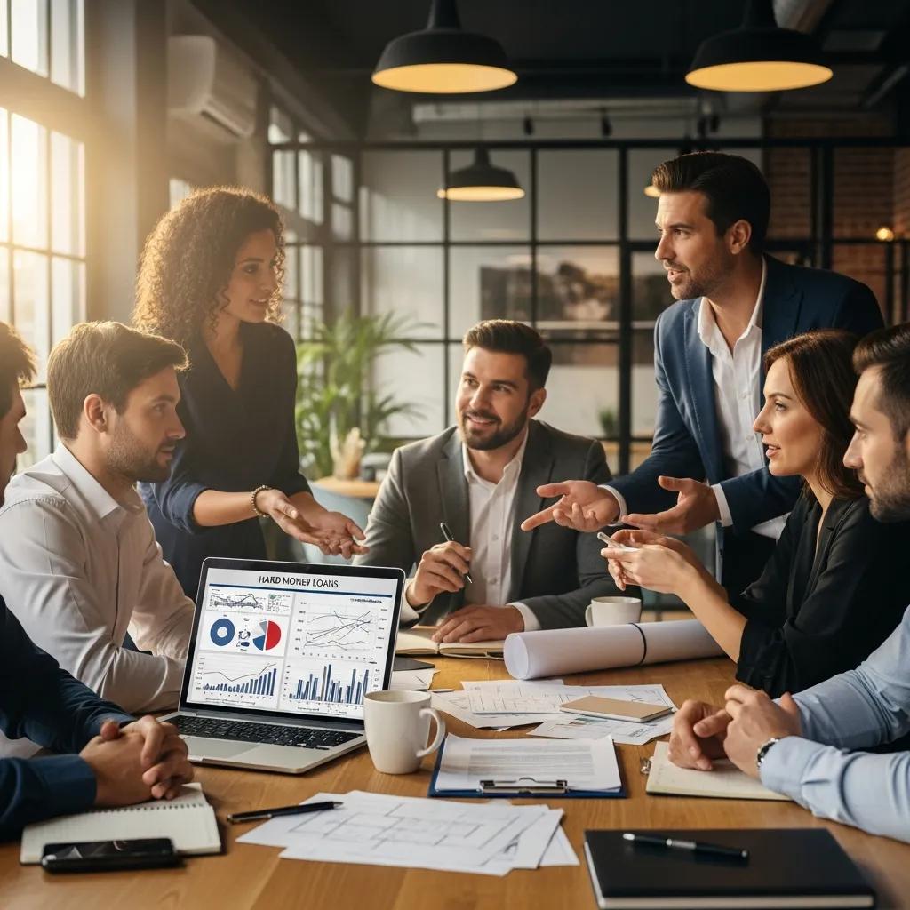 Group of real estate investors discussing hard money loans in a modern office