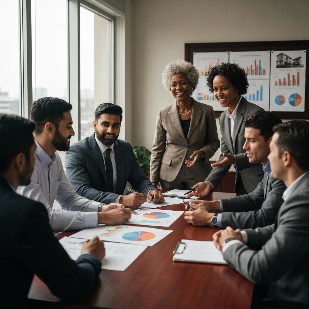 Real estate investors discussing balloon mortgage types around a conference table