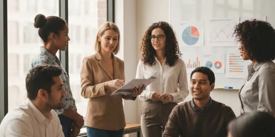 Group of real estate investors discussing market trends in a modern office
