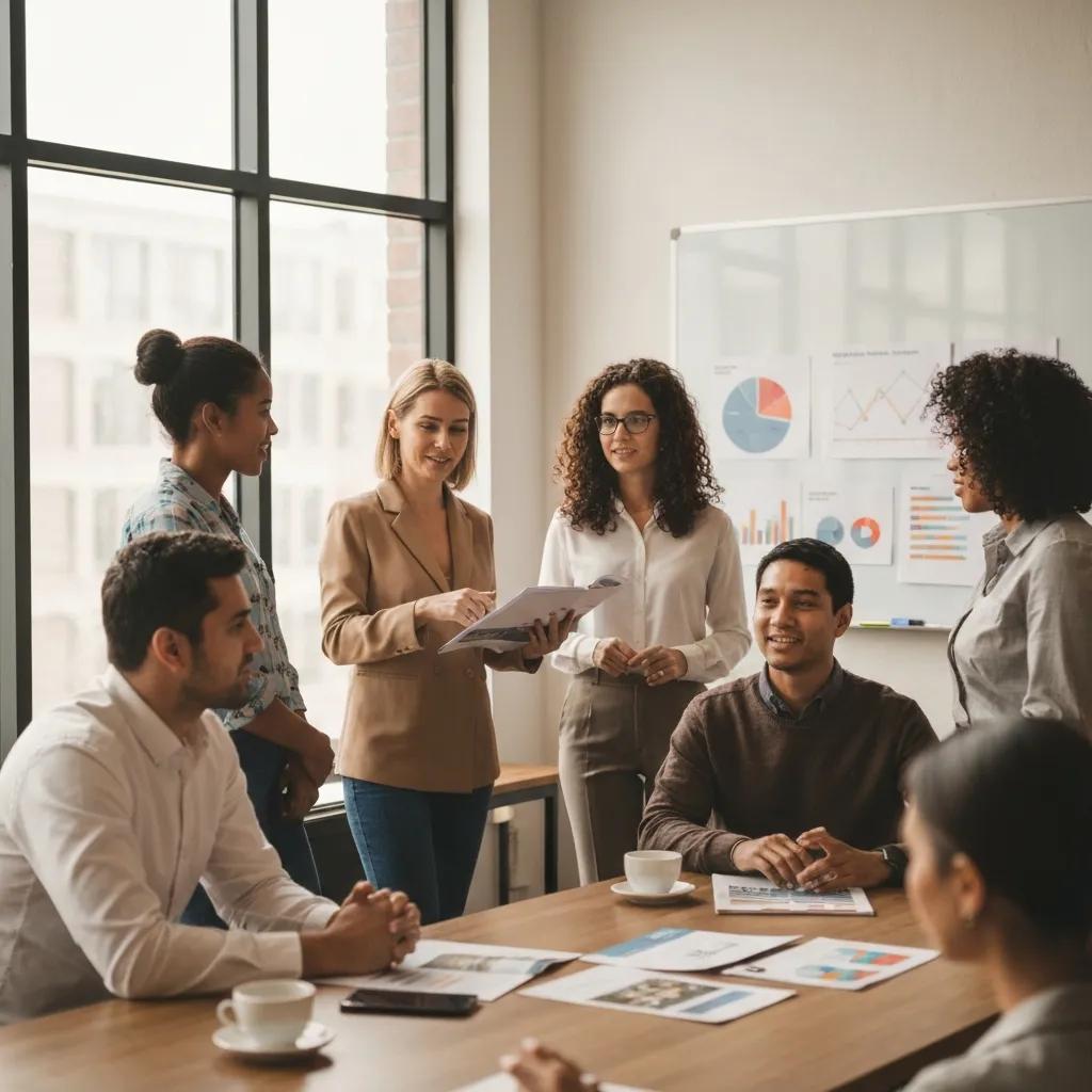 Group of real estate investors discussing market trends in a modern office