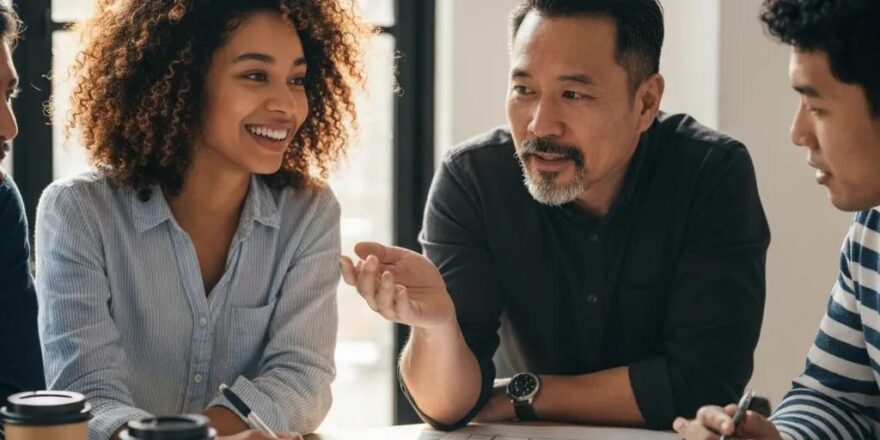 Group of real estate investors discussing renovation plans in a cozy workspace