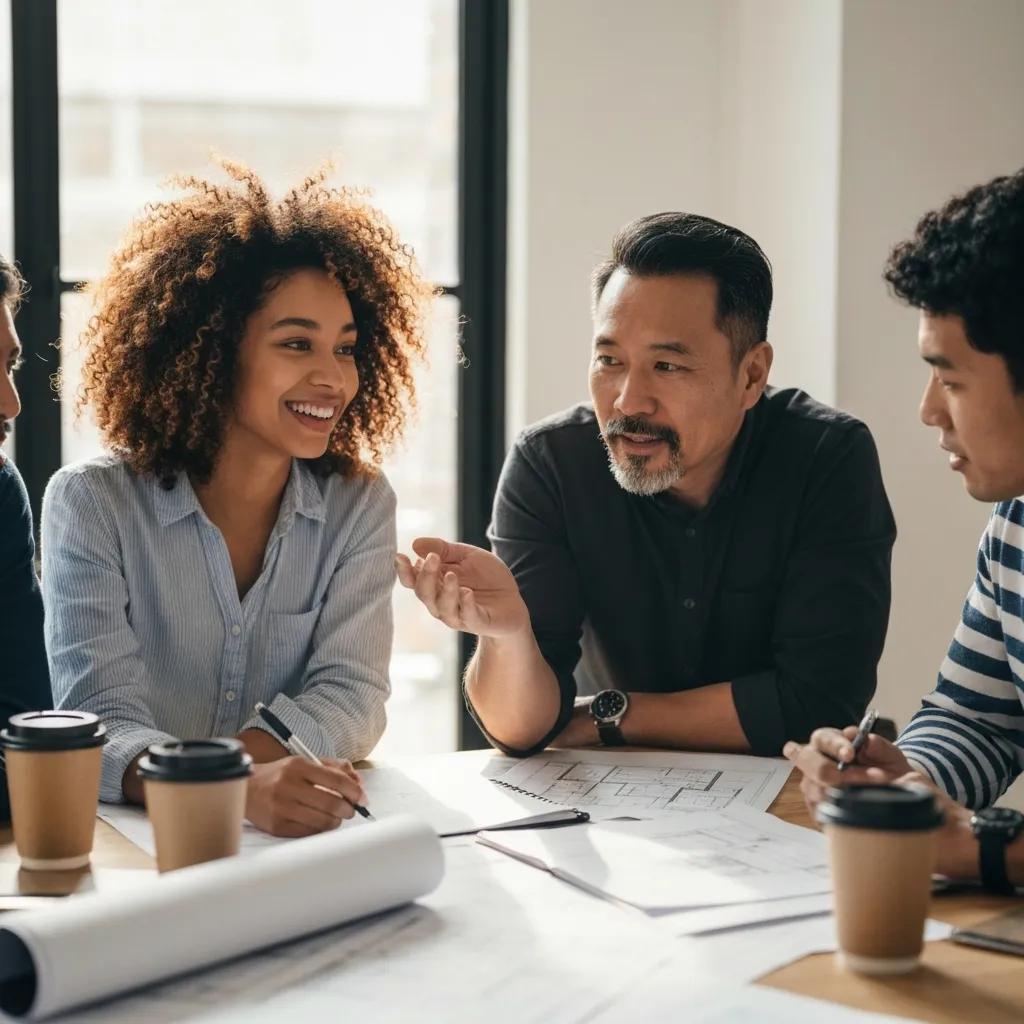 Group of real estate investors discussing renovation plans in a cozy workspace