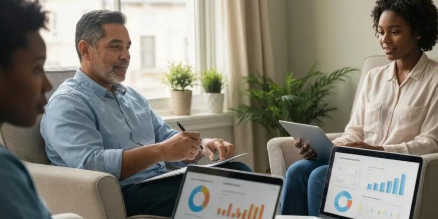 Group of real estate investors participating in an online investment seminar in a cozy home office